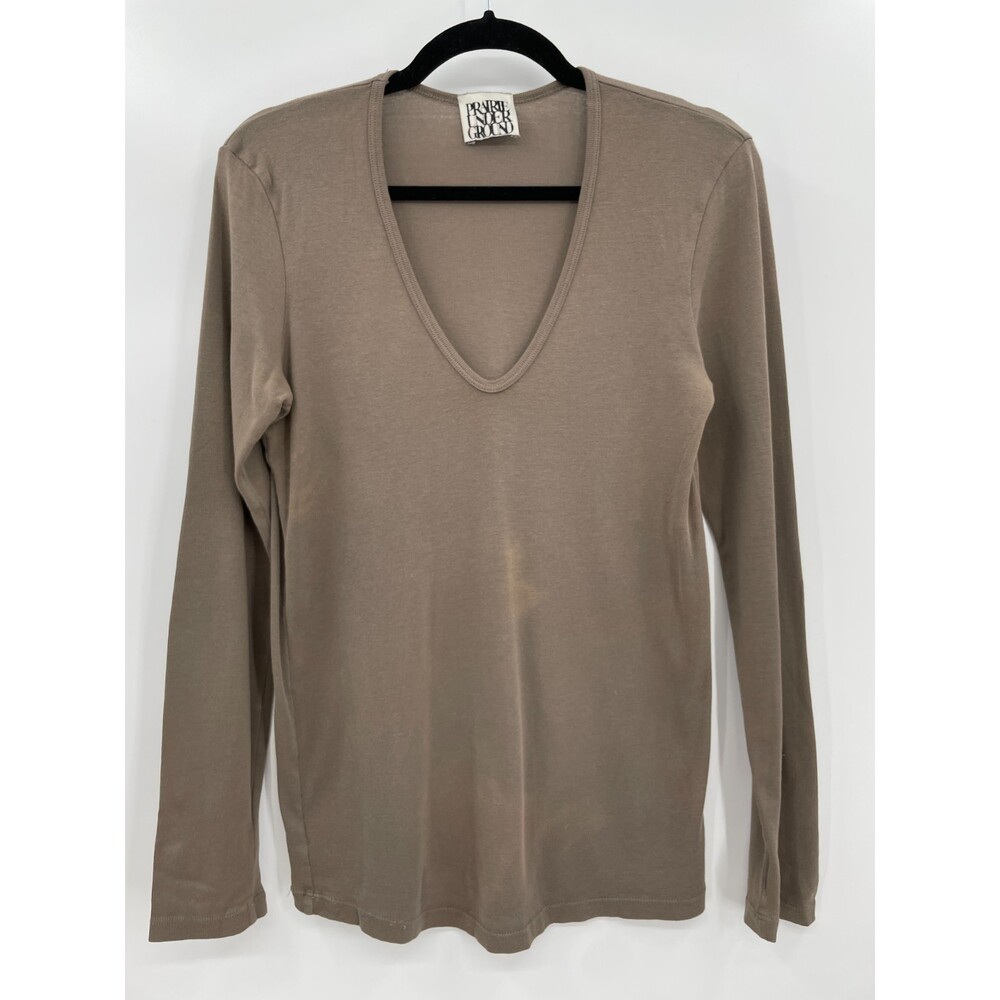 PRAIRIE UNDERGROUND Brown Scoop V-Neck Long Sleeve Shirt Top Size L
